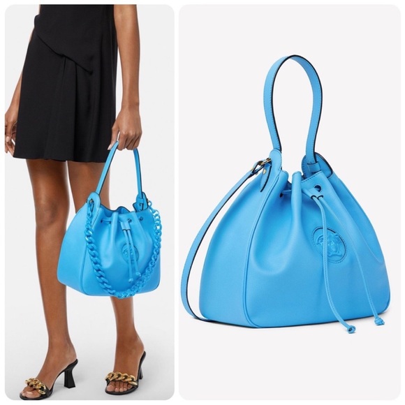 NEW! VERSACE La Medusa Blue Leather Drawstring Hobo Satchel Bucket Bag Travel - Picture 3 of 17